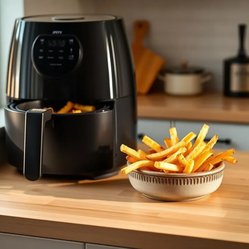 Krispiga hemgjorda pommes i skål bredvid en svart airfryer på en köksbänk